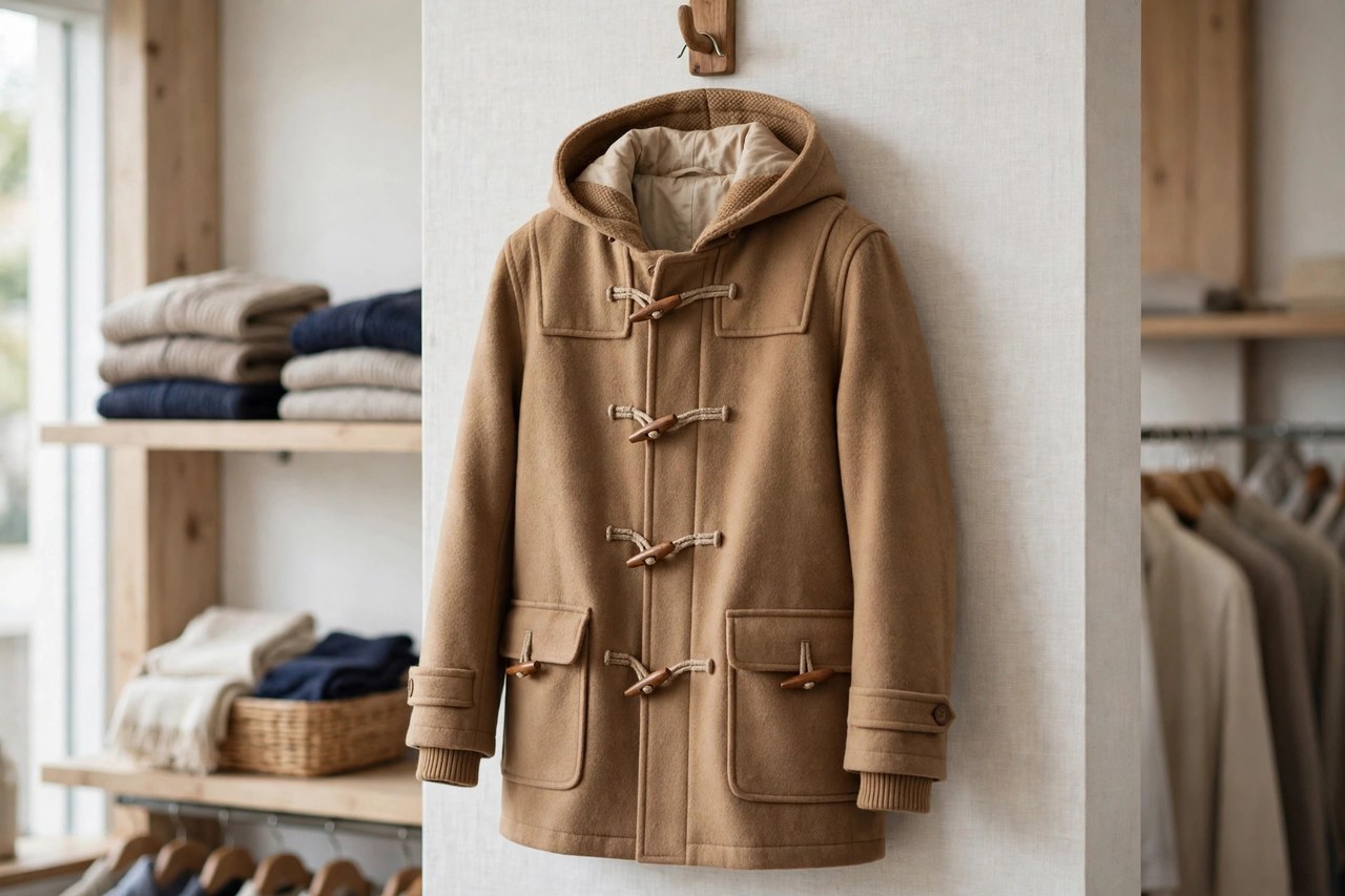 A camel men's duffle coat with wooden toggle fastenings and a hood hanging on a hook in a menswear shop, product photography with no people
