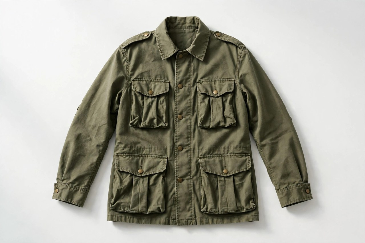 An olive men's field jacket with four bellows pockets laid flat on a clean studio background, product photography with no people
