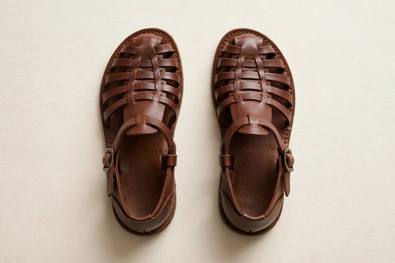 A flat lay of a pair of men's fisherman sandals in brown leather with a caged toe, product photography with no people