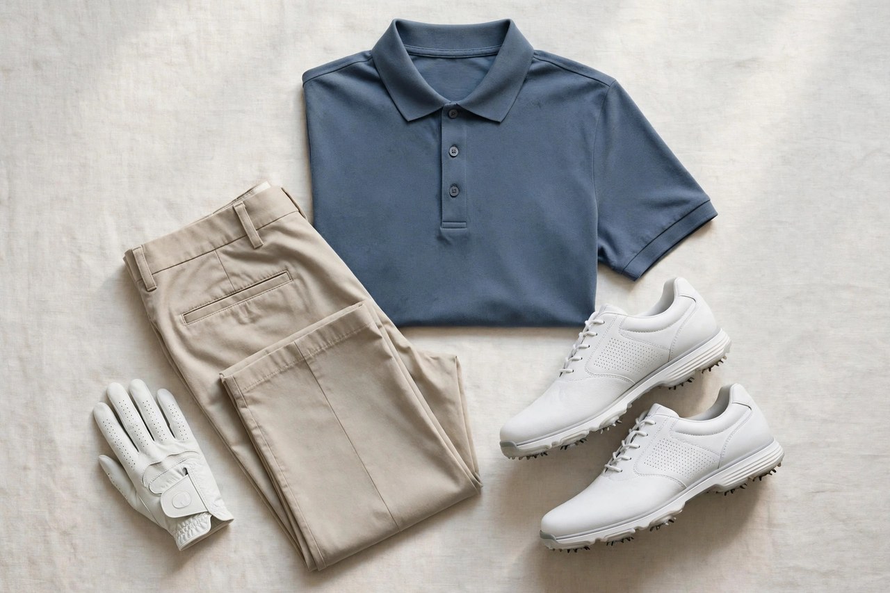 A flat lay of men's golf apparel: a polo golf shirt, golf pants, golf shoes and a golf glove arranged together, product photography with no people