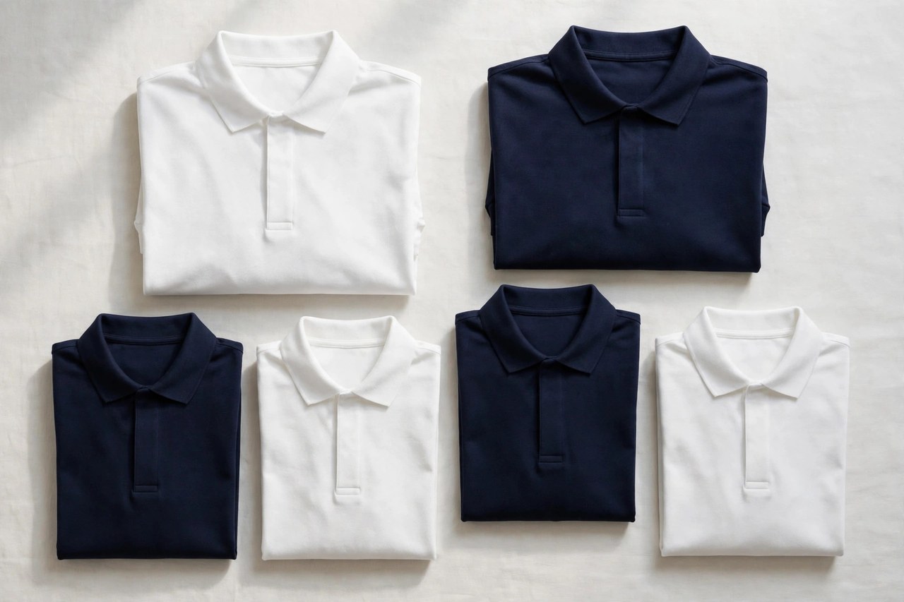 A flat lay of men's golf shirts: collared polo shirts in white and navy, folded neatly, product photography with no people