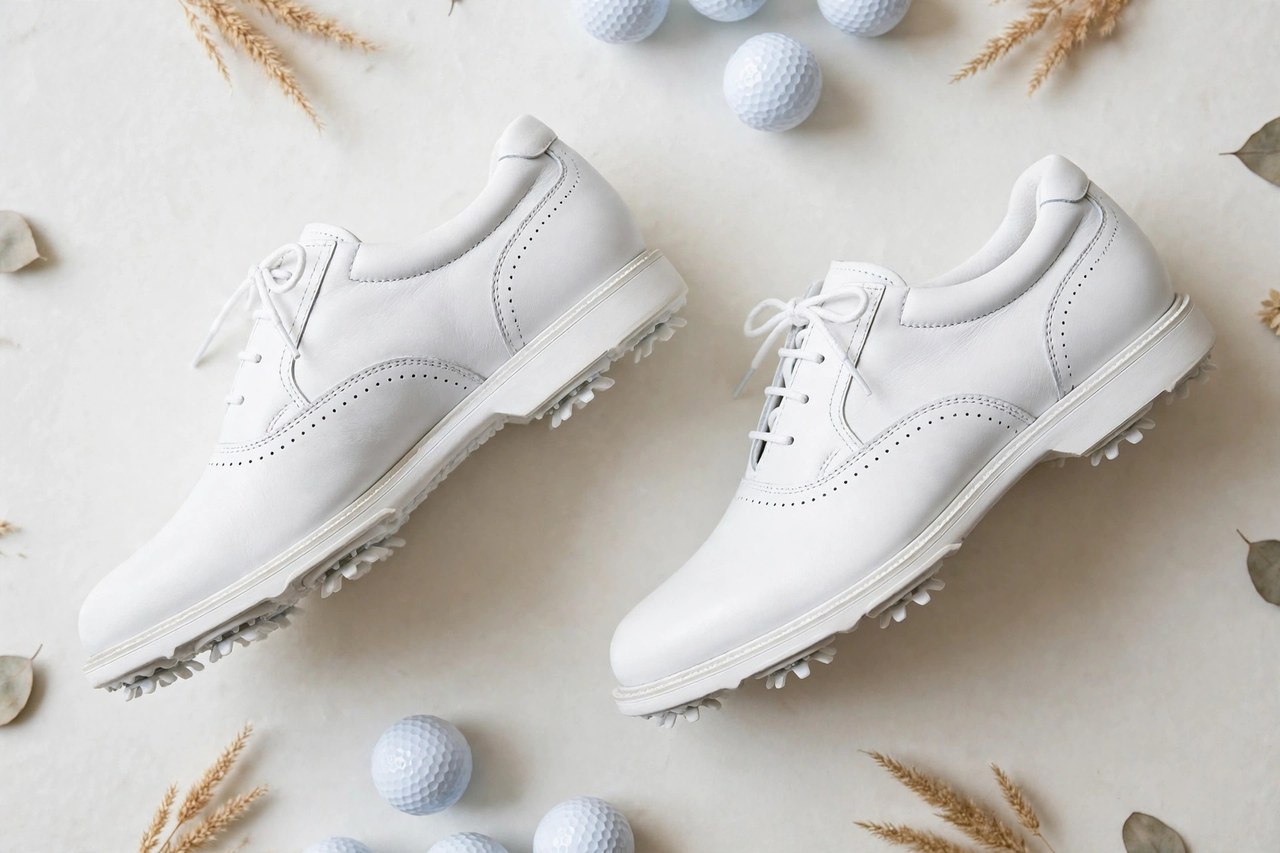 A flat lay of a pair of men's golf shoes in white leather with soft spikes, product photography with no people