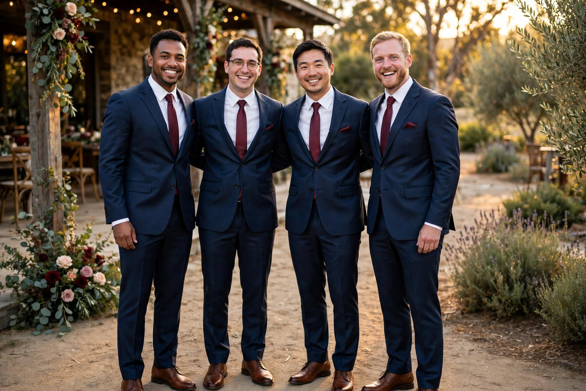 Adult groomsmen in matching navy suits with white shirts, burgundy ties and brown dress shoes at an outdoor wedding venue