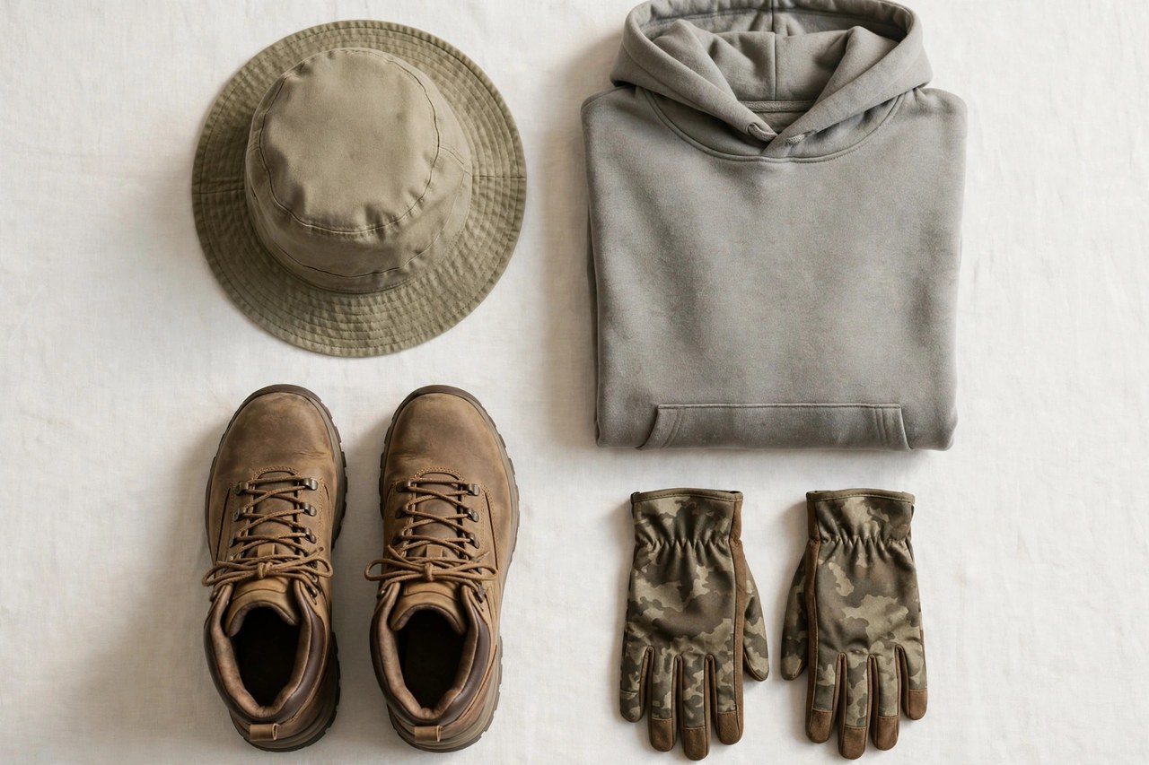 A flat lay of men's clothing beginning with H: a hat, a hooded sweatshirt, hiking boots and hunting gloves, product photography with no people