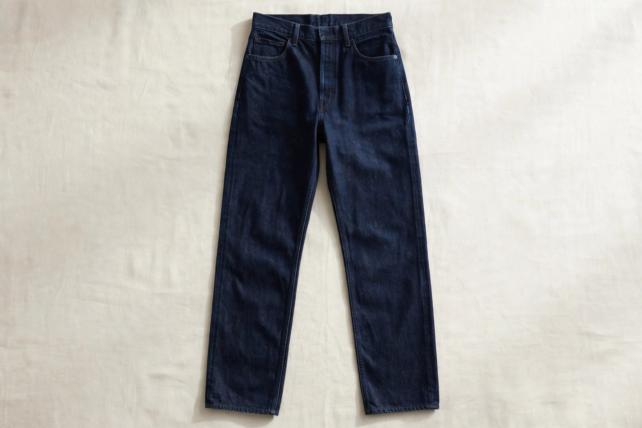 Men's high-rise jeans in dark indigo laid flat, showing the tall waistband and long front rise, product photography with no people