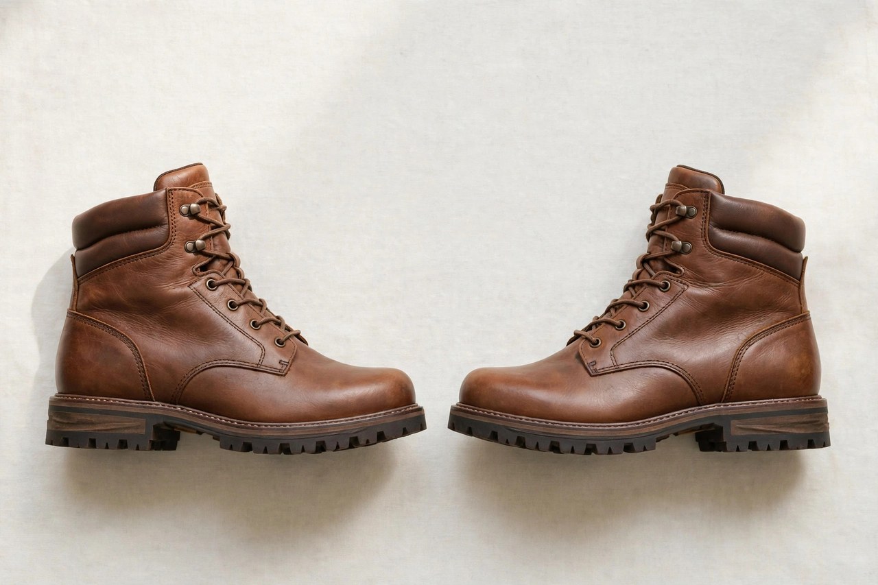 A flat lay of a pair of men's hiking boots in brown leather with rugged soles, product photography with no people