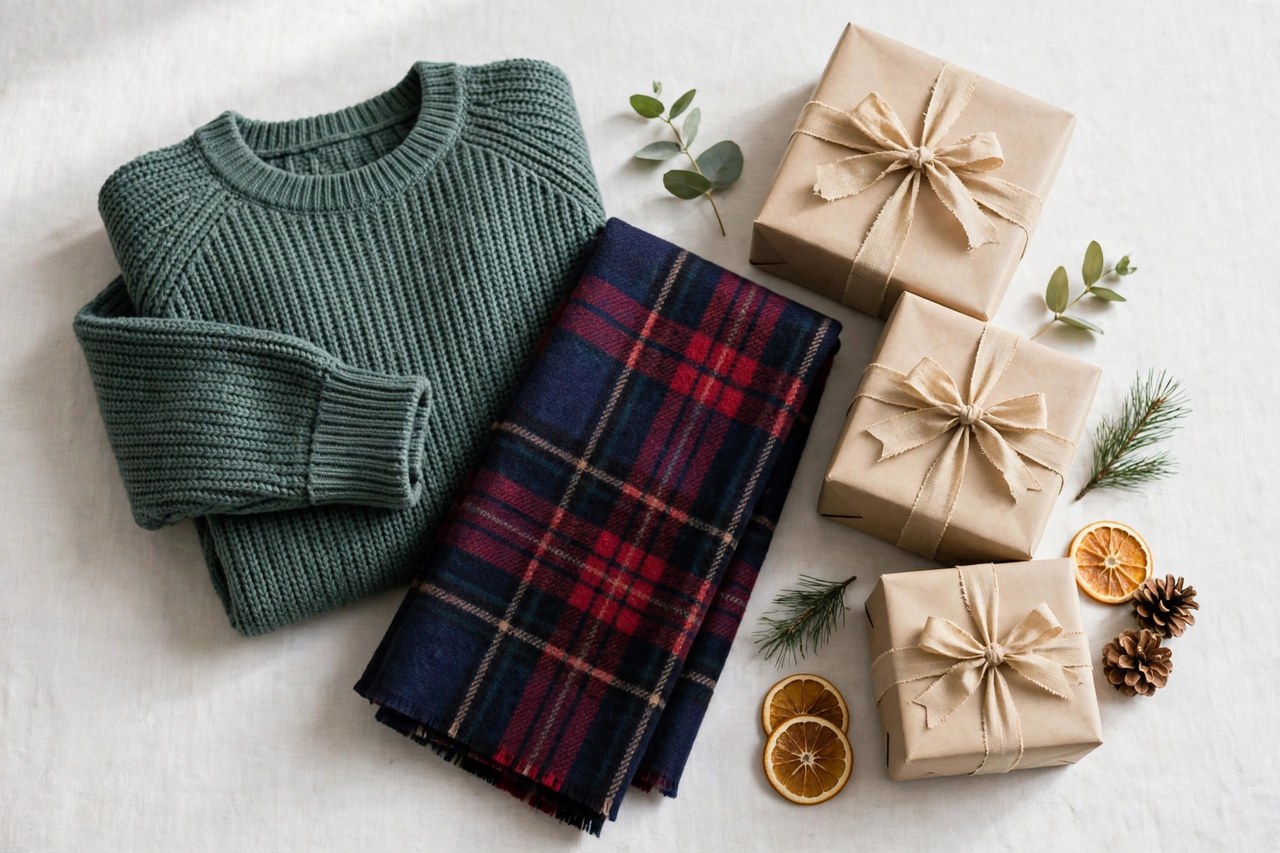 A flat lay of men's holiday clothing gifts: a folded sweater, scarf and gift boxes arranged together, product photography with no people