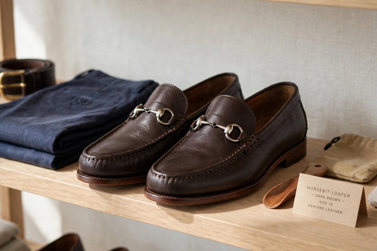Dark brown leather men's horsebit loafers with a polished metal snaffle bit, on a menswear shop shelf, product photography with no people