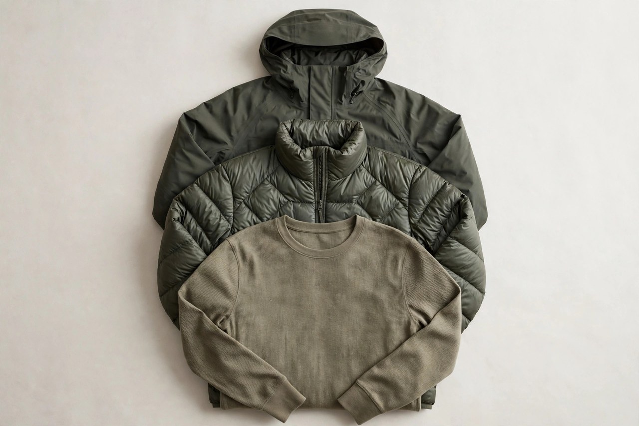 A flat lay of men's hunting clothing layers: a base layer top, insulated jacket and waterproof shell arranged together, product photography with no people