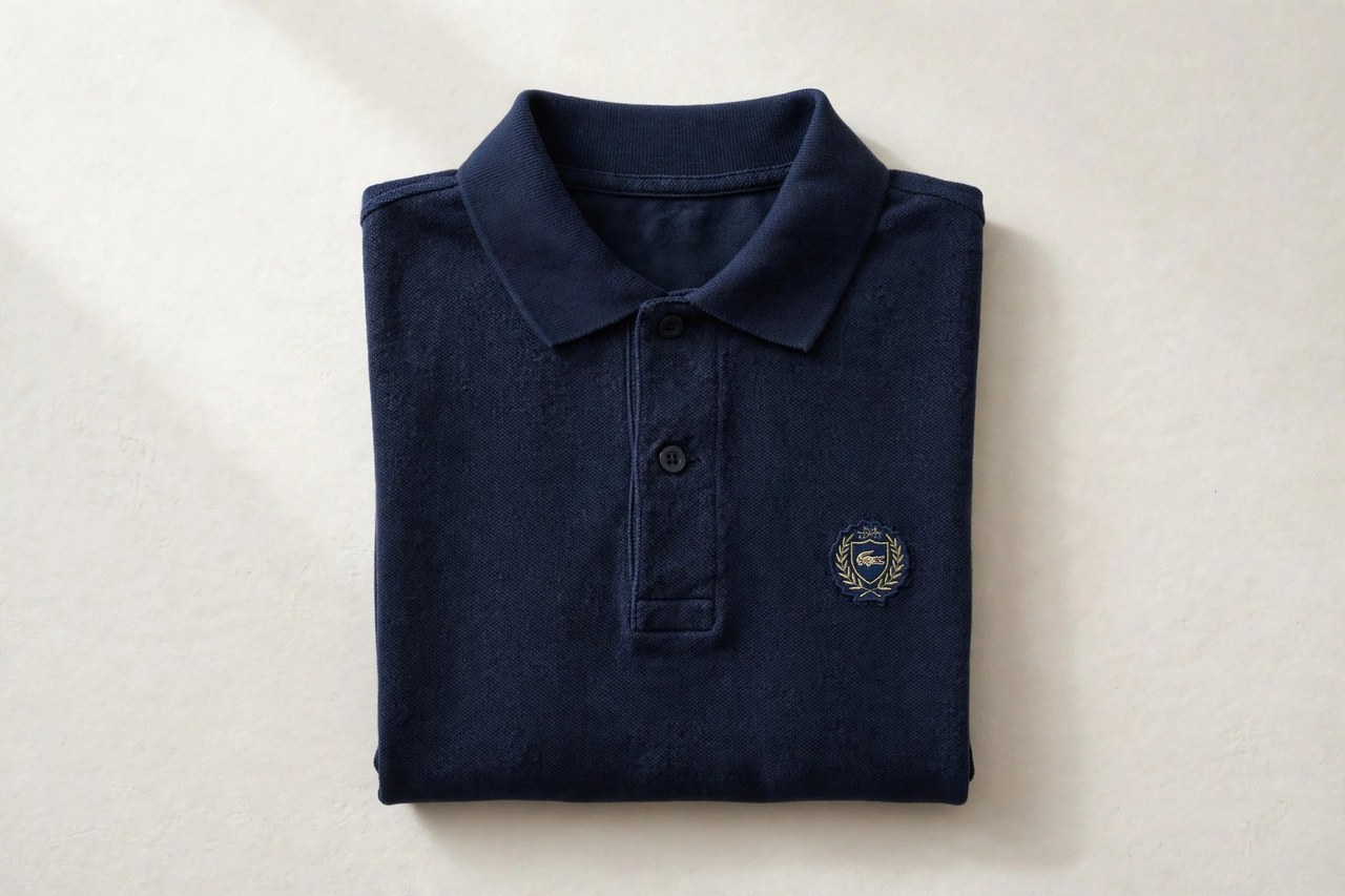 A flat lay of a men's Izod polo shirt in navy pique knit with a small embroidered crest, folded neatly, product photography with no people