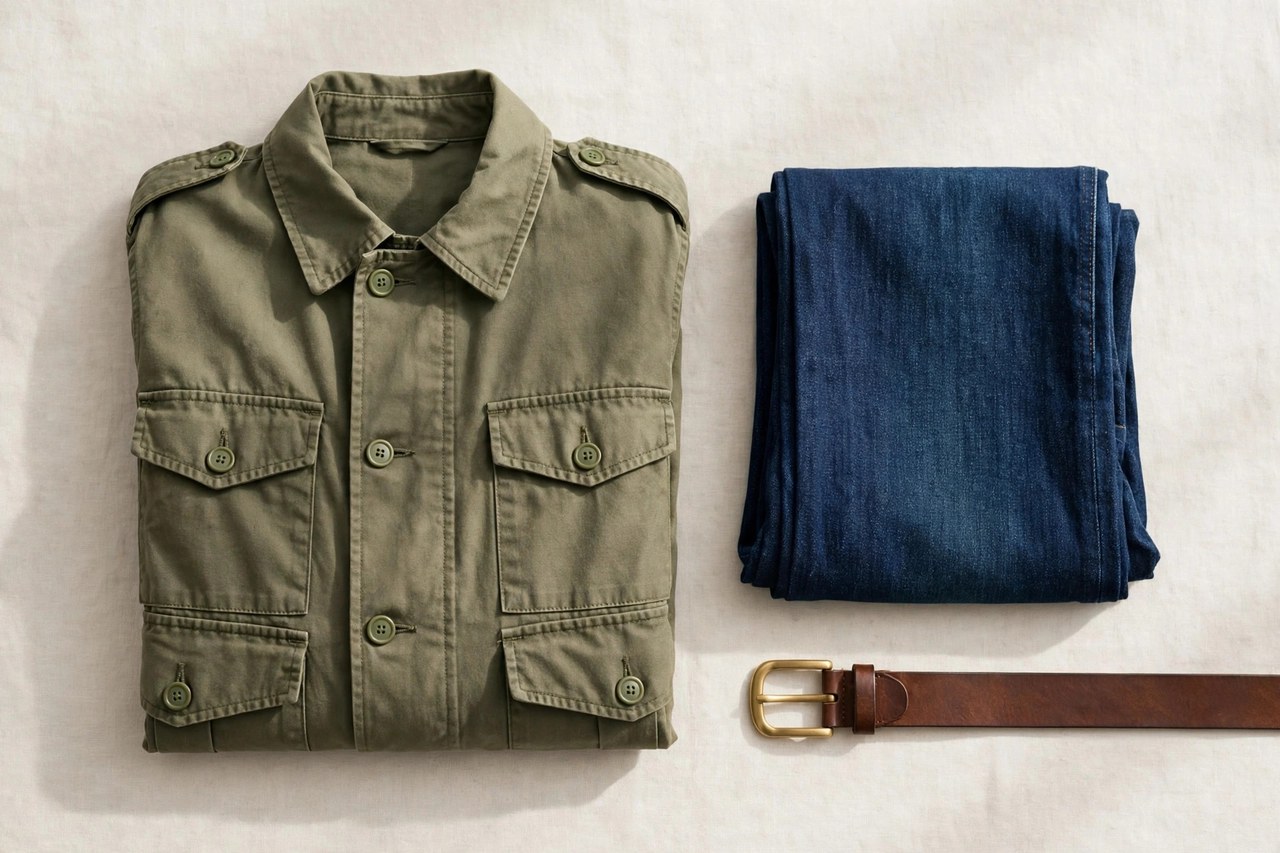 A flat lay of men's clothing beginning with J: a folded olive field jacket beside a pair of folded indigo jeans with a leather belt, product photography with no people