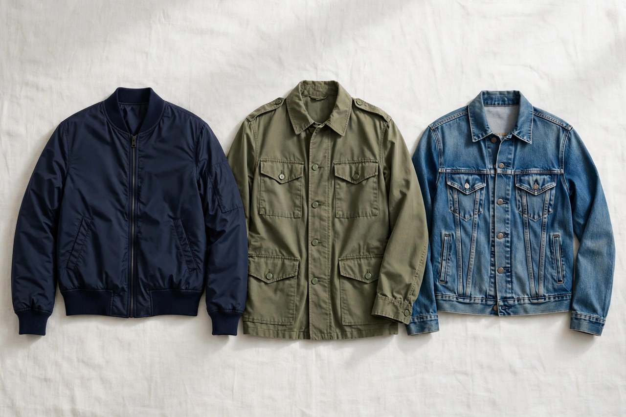 A flat lay of men's jackets: a navy bomber jacket, an olive field jacket and a denim trucker jacket arranged neatly, product photography with no people