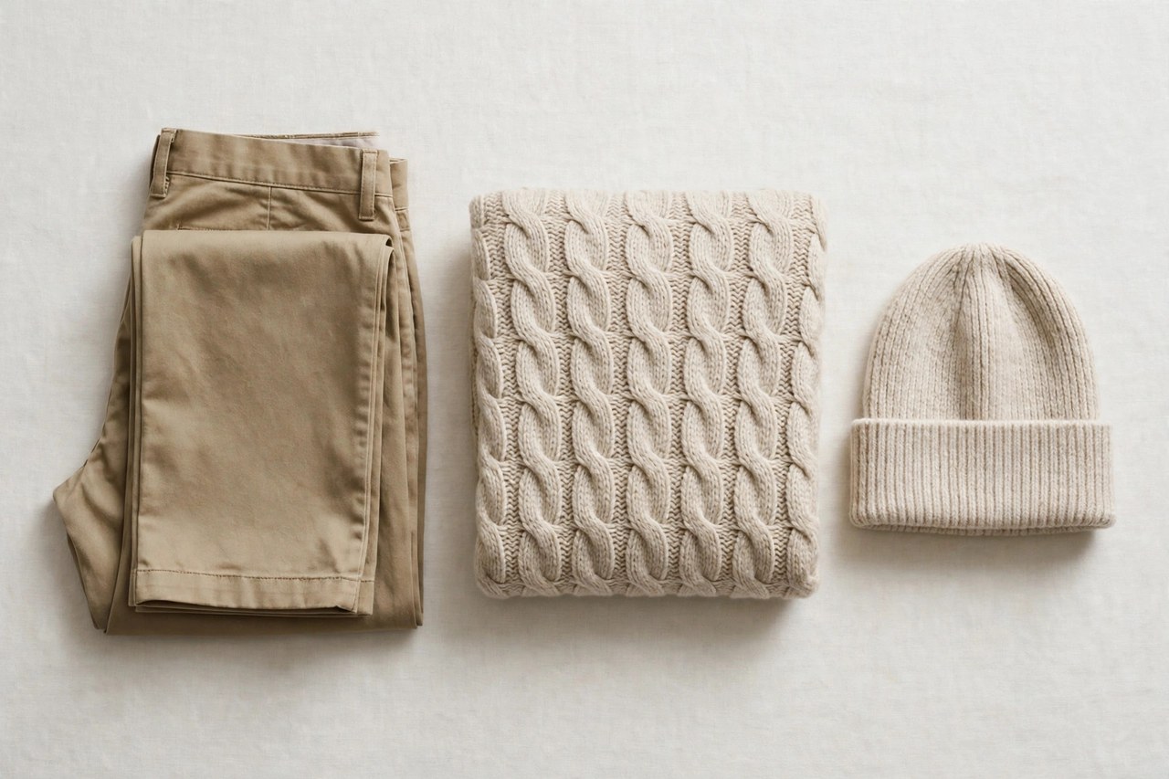 A flat lay of men's clothing beginning with K: folded khaki pants beside a folded cable-knit sweater and a cuffed knit hat, product photography with no people