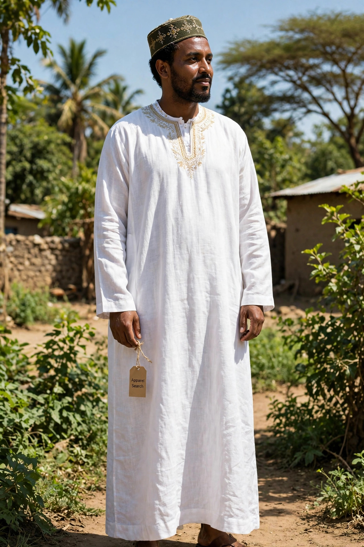 Man wearing a kanzu, a long white ankle-length tunic robe with subtle embroidery at the neckline, with an embroidered cap