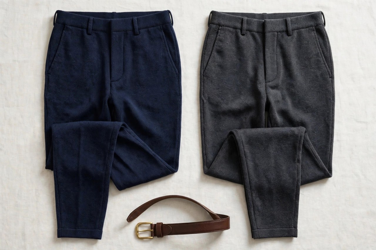 A flat lay of men's knit pants in navy and charcoal double-knit with a tailored flat front and tapered leg, laid with a leather belt, product photography with no people