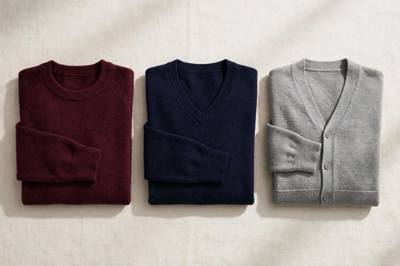 A flat lay of men's knit sweaters: a burgundy crew neck pullover, a navy V-neck and a grey button cardigan, neatly folded, product photography with no people
