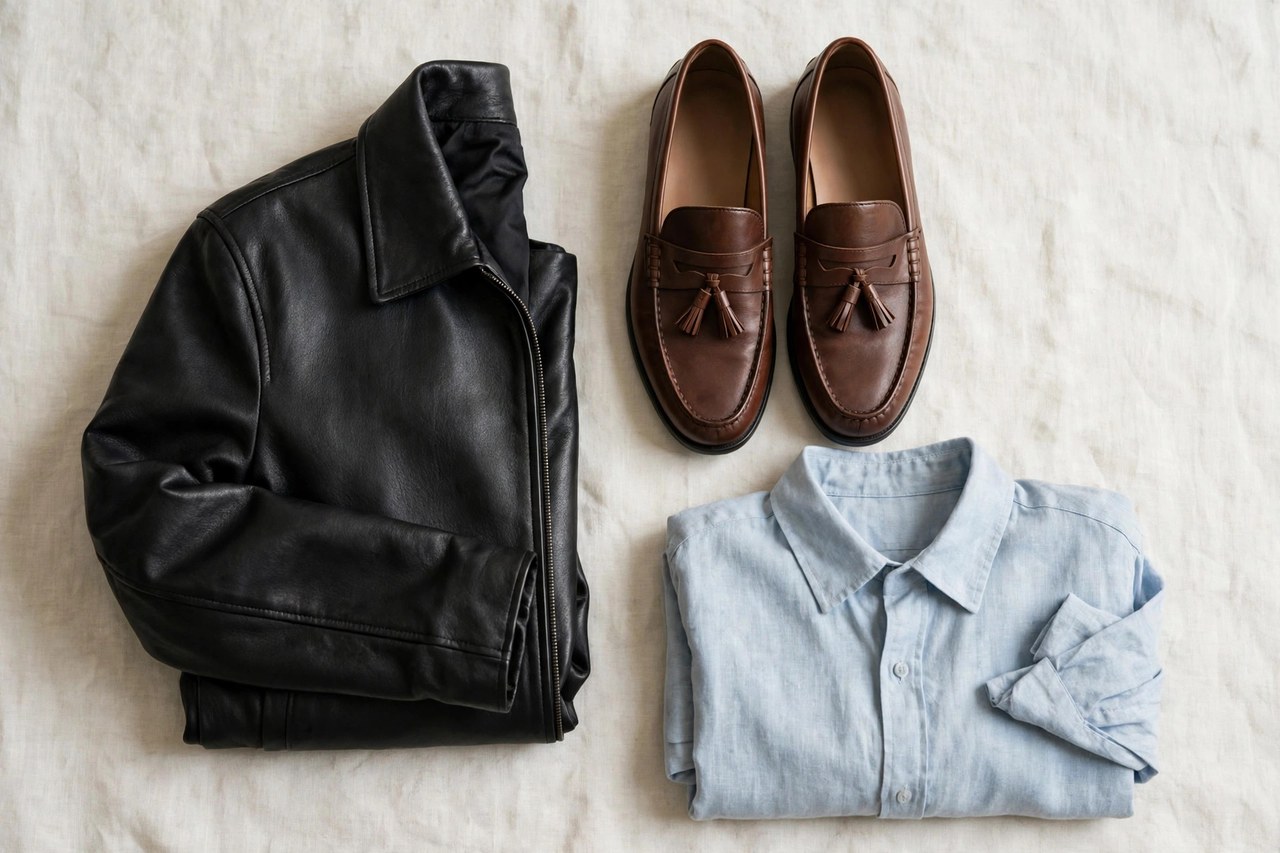 A flat lay of men's clothing beginning with L: a folded leather jacket beside a pair of loafers and a folded long sleeve shirt, product photography with no people