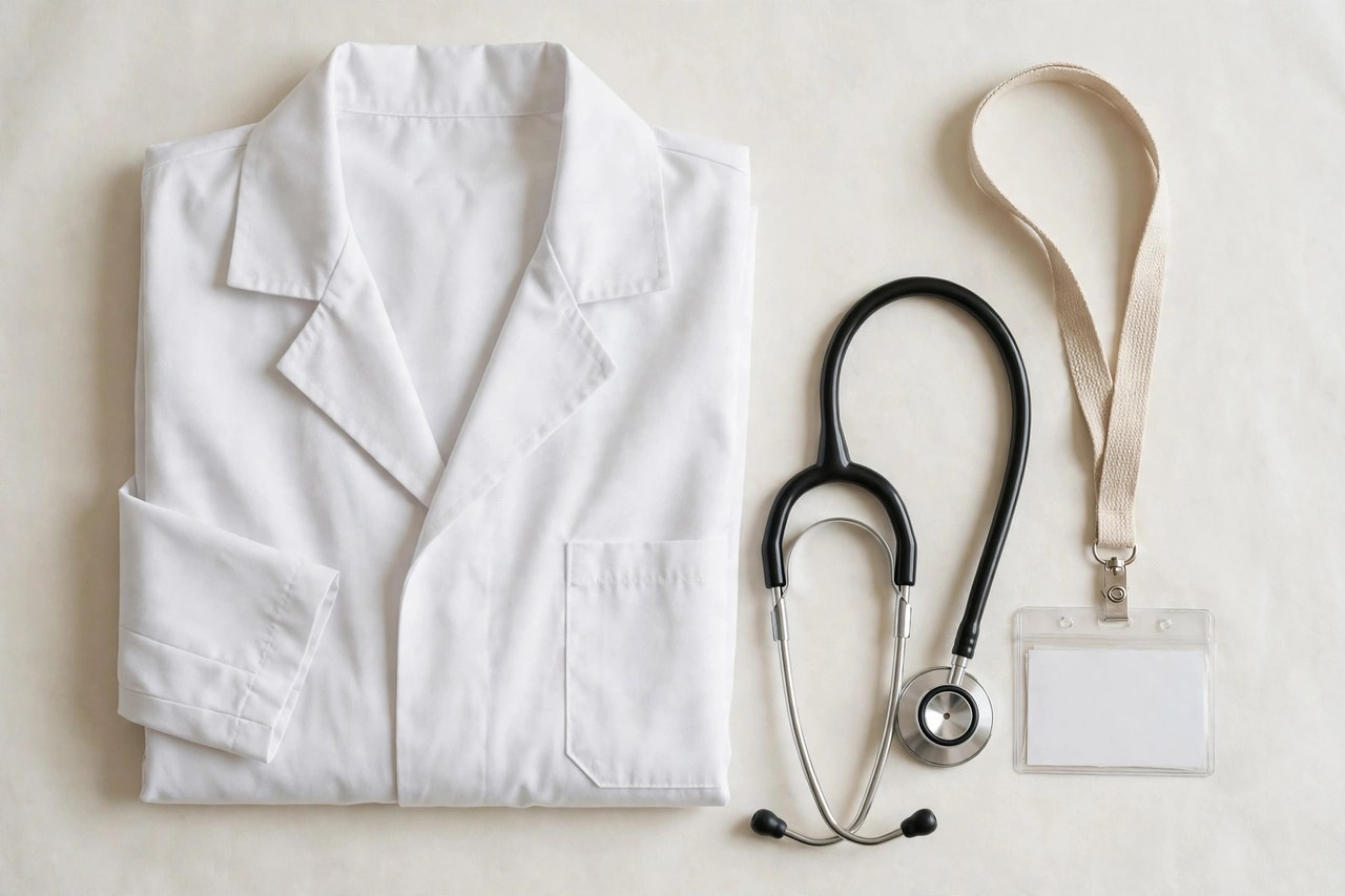 A flat lay of a men's white lab coat neatly folded beside a stethoscope and an ID badge on a lanyard, product photography with no people
