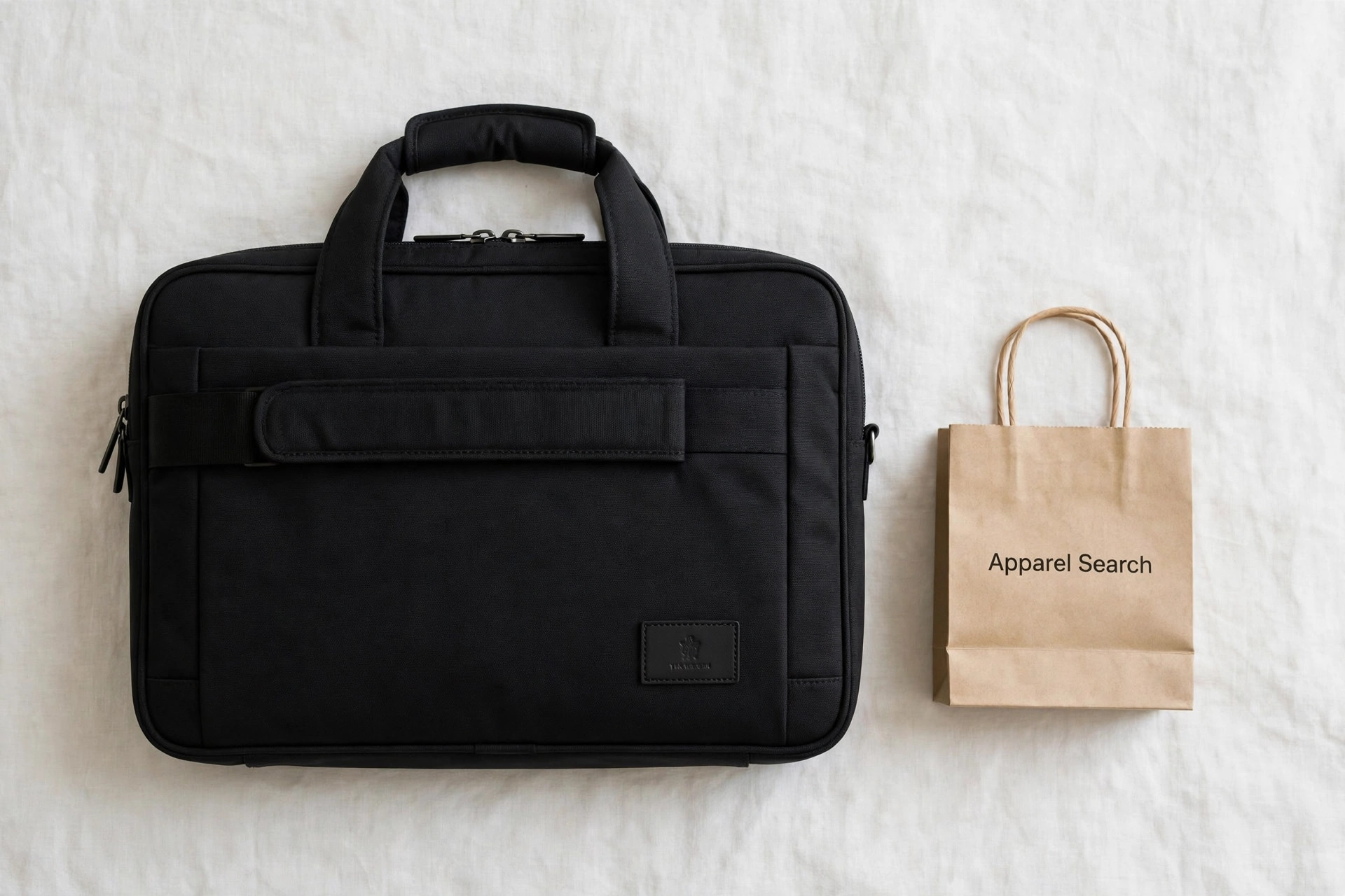 Men's laptop bag in black structured fabric with a briefcase shape, padded handles and a trolley strap, product photography with no people