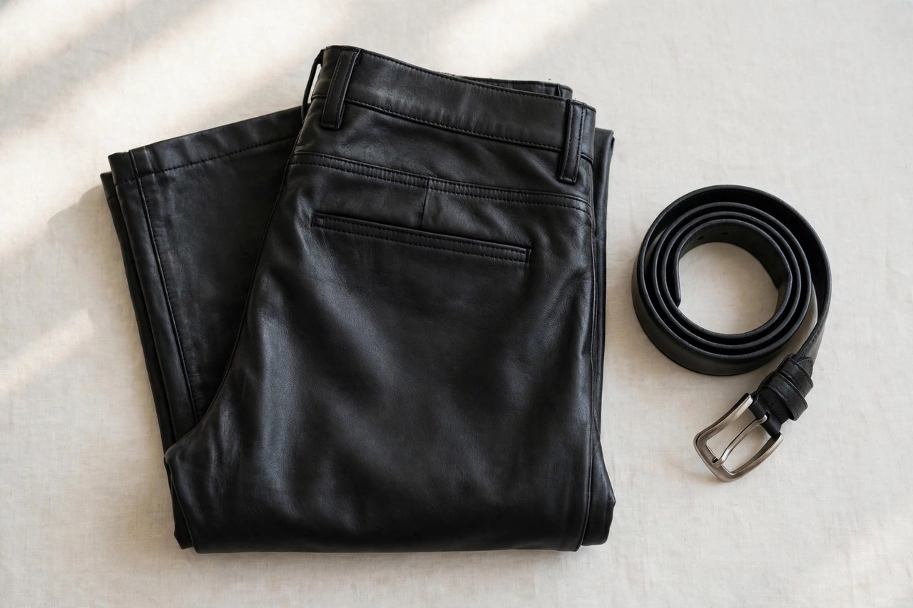 A flat lay of men's black leather pants neatly folded with a leather belt, product photography with no people