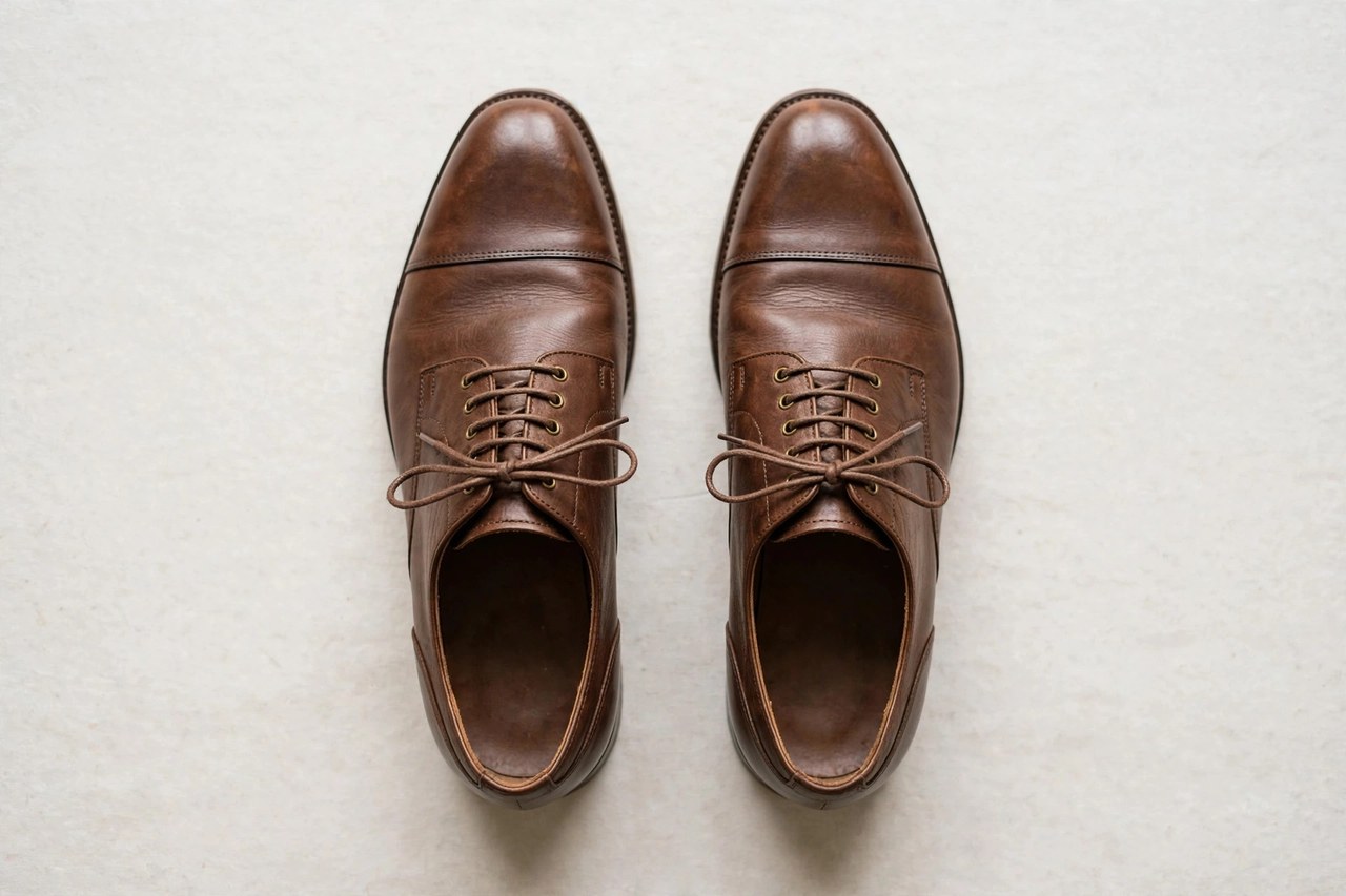 A flat lay of a pair of men's brown leather dress shoes with laces, viewed from above on a clean background, product photography with no people