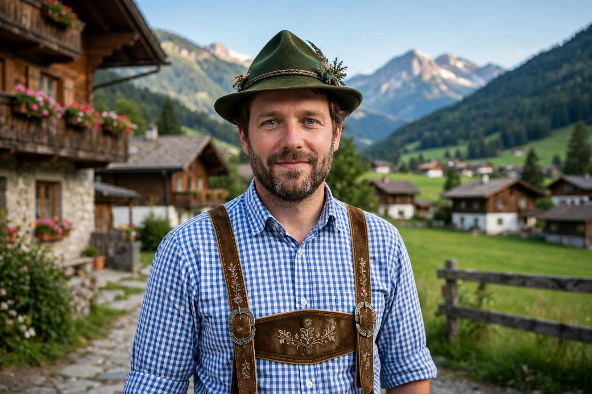 Man wearing traditional Bavarian lederhosen, brown leather breeches with suspenders and a checked Tracht shirt, in an Alpine village