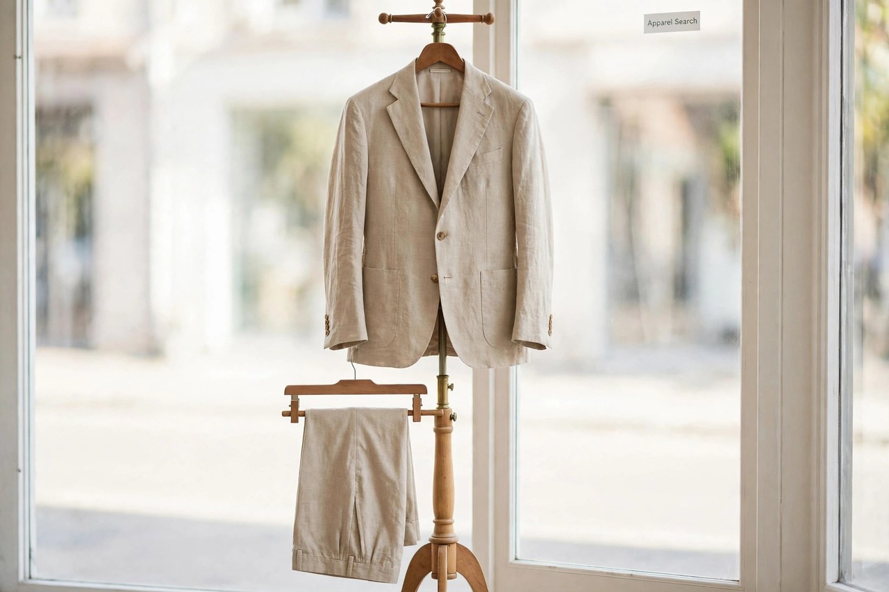 A sand-coloured men's linen suit jacket and trousers on a tailor's stand in a bright shop window with a small Apparel Search sign, product photography with no people