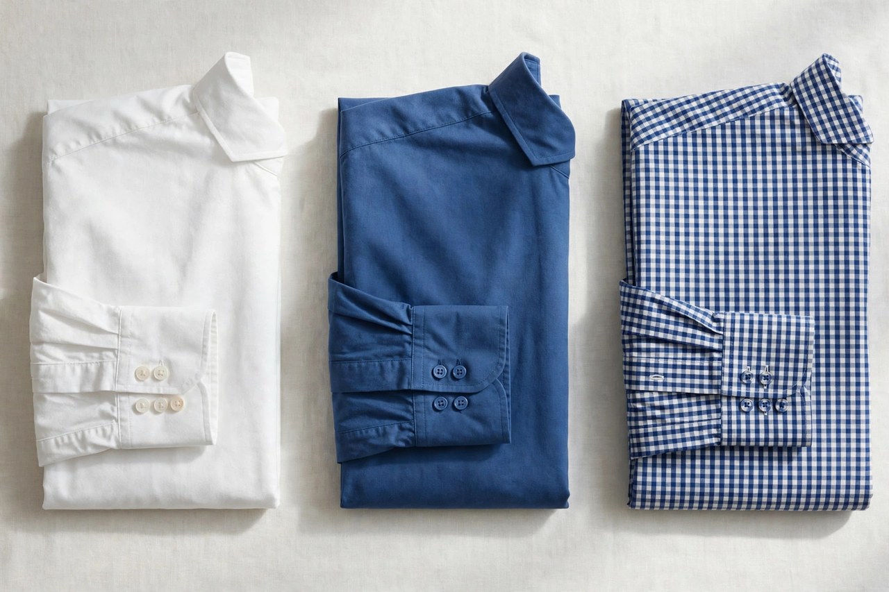A flat lay of men's long sleeve shirts in white, blue and checked cotton, neatly folded with cuffs and buttons visible, product photography with no people