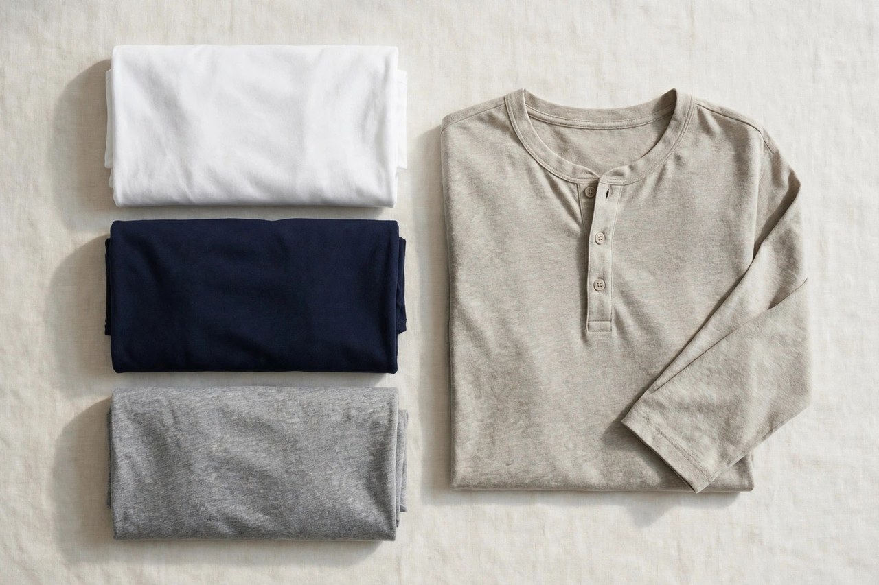 A flat lay of men's long sleeve t-shirts in white, navy and grey jersey, neatly folded with a henley beside them, product photography with no people