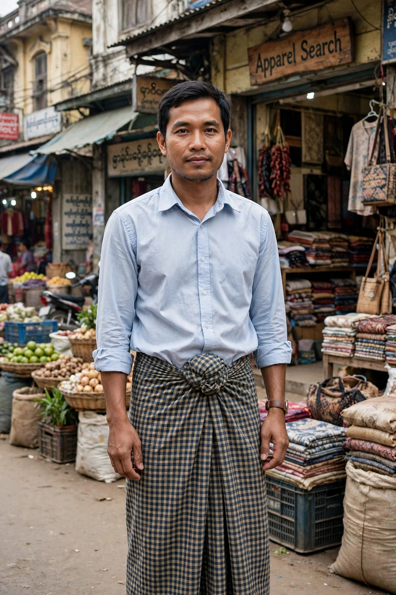 Man wearing a traditional Burmese longyi paso, a long checked wrap skirt knotted at the waist, with a collared shirt in a market in Myanmar