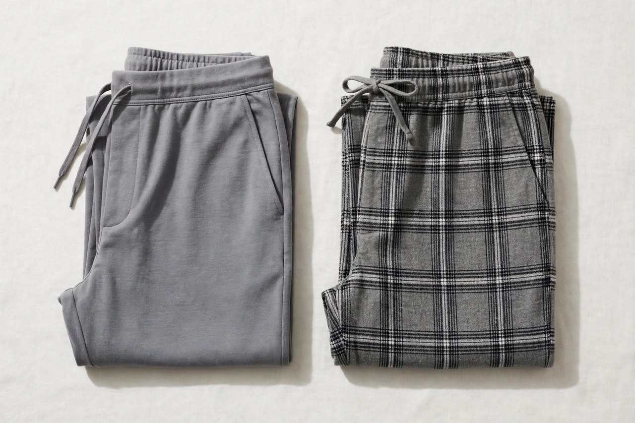 A flat lay of men's lounge pants in soft grey jersey and plaid flannel, neatly folded with a drawstring waist visible, product photography with no people