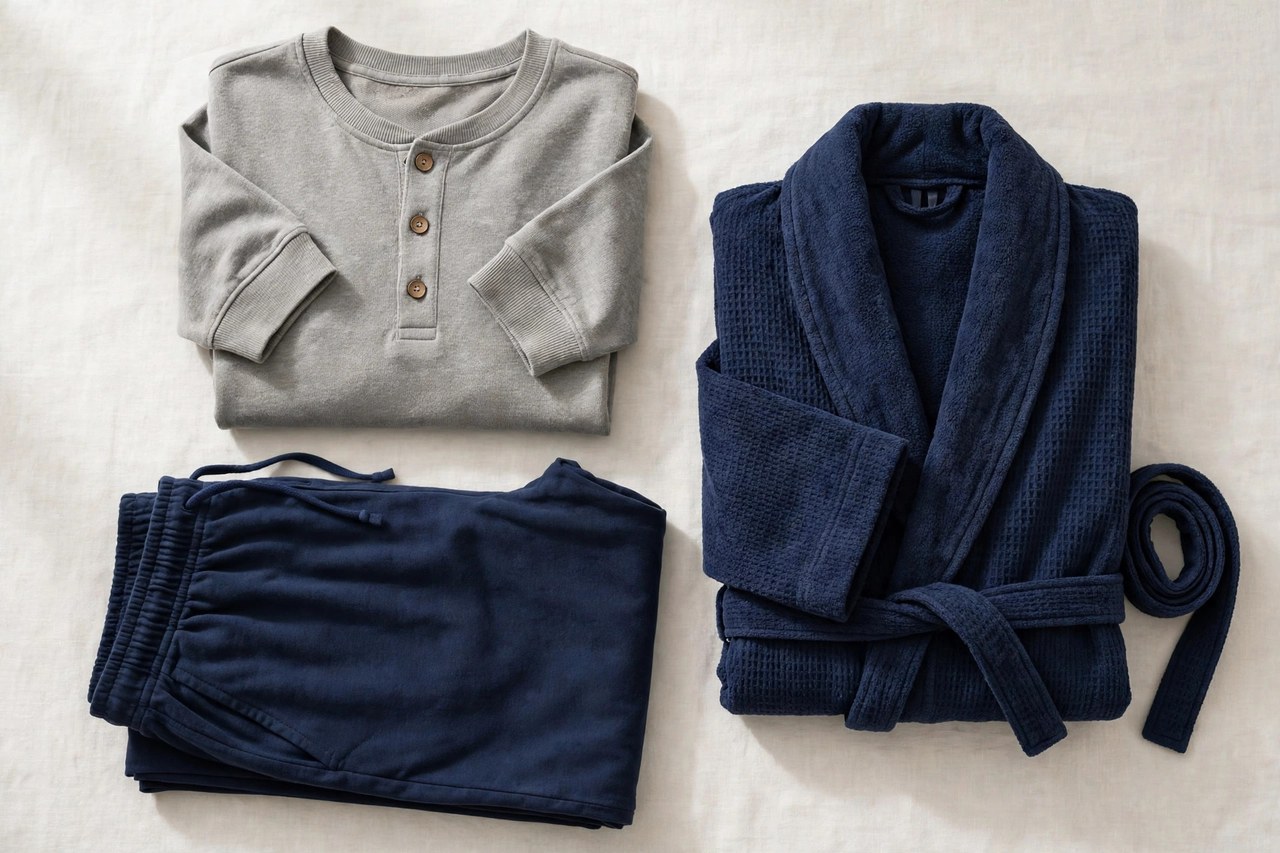 A flat lay of men's loungewear: a soft henley top, lounge pants and a robe in grey and navy, neatly arranged, product photography with no people