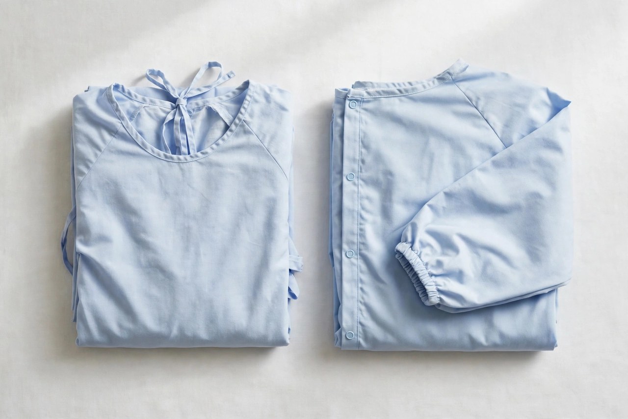 A flat lay of men's medical gowns: a folded patient gown and a reusable isolation gown in pale blue, product photography with no people