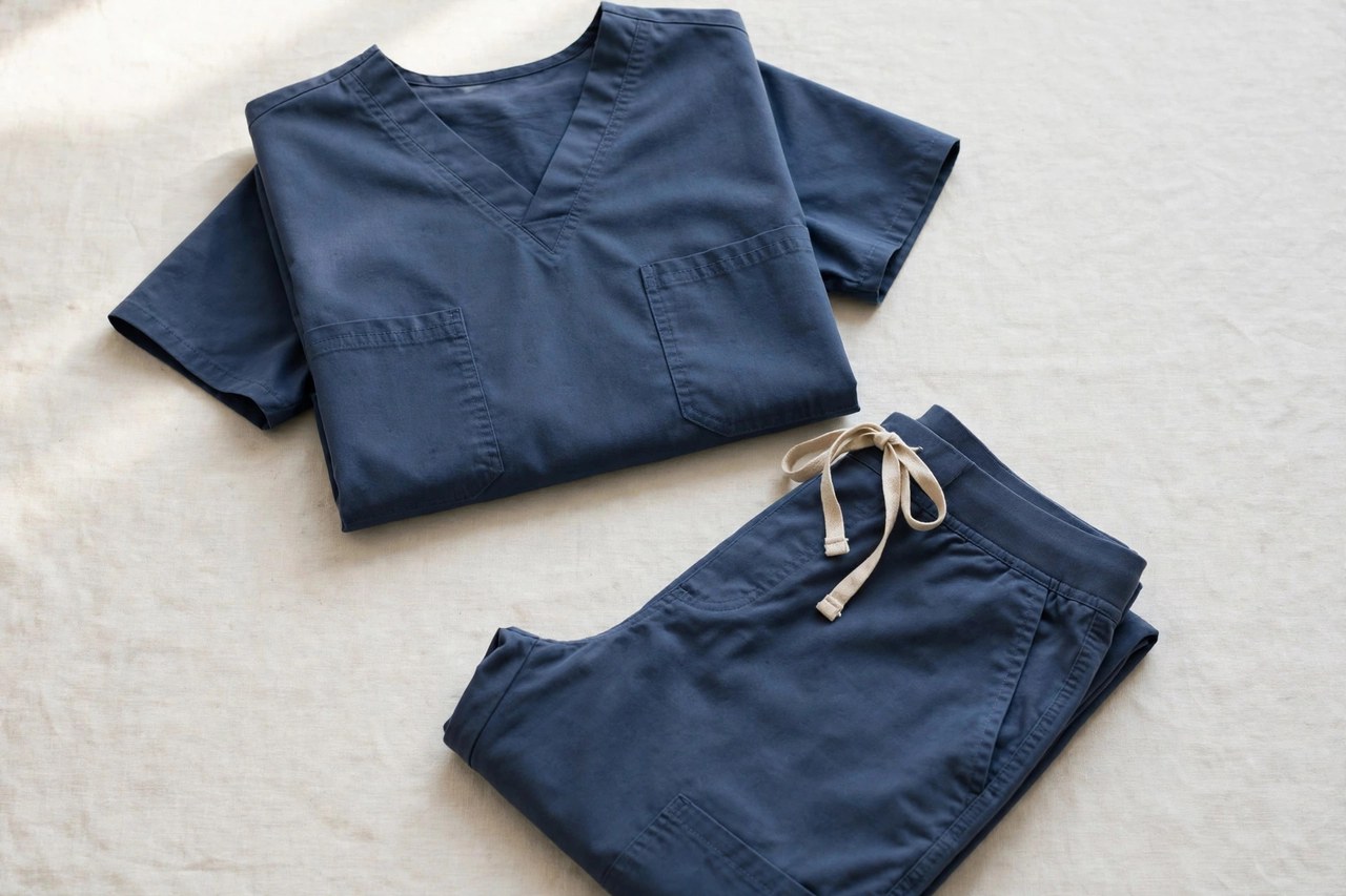 A flat lay of men's medical scrubs: a V-neck scrub top and drawstring scrub pants neatly folded, product photography with no people