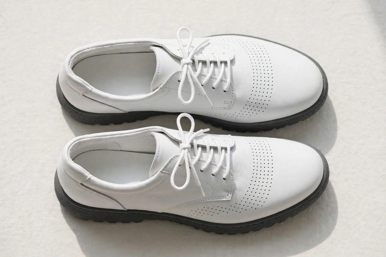 A flat lay of a pair of men's medical shoes: white leather professional shoes with slip-resistant soles, product photography with no people