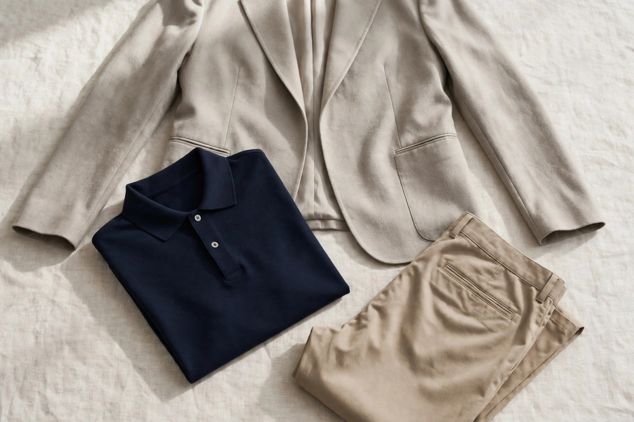 A flat lay of men's better sportswear: a refined polo shirt, tailored casual pants and a soft blazer, product photography with no people