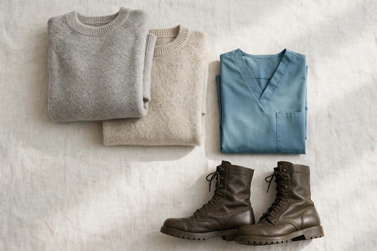 A flat lay of men's clothing beginning with M: folded merino sweaters beside medical scrubs and a pair of military boots, product photography with no people