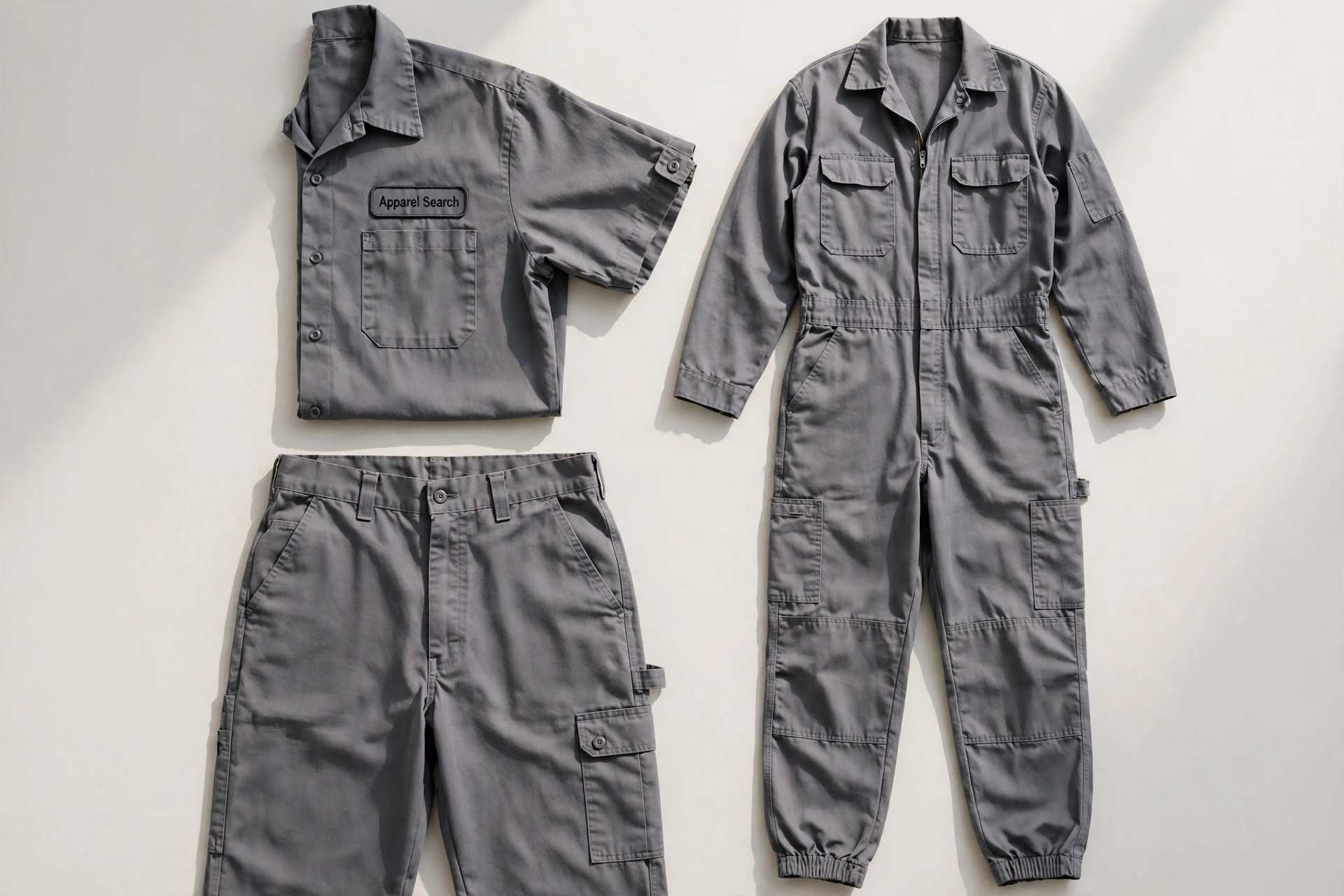 Men's mechanic uniform set laid flat, grey work shirt with name patch, work trousers and coveralls, product photography with no people