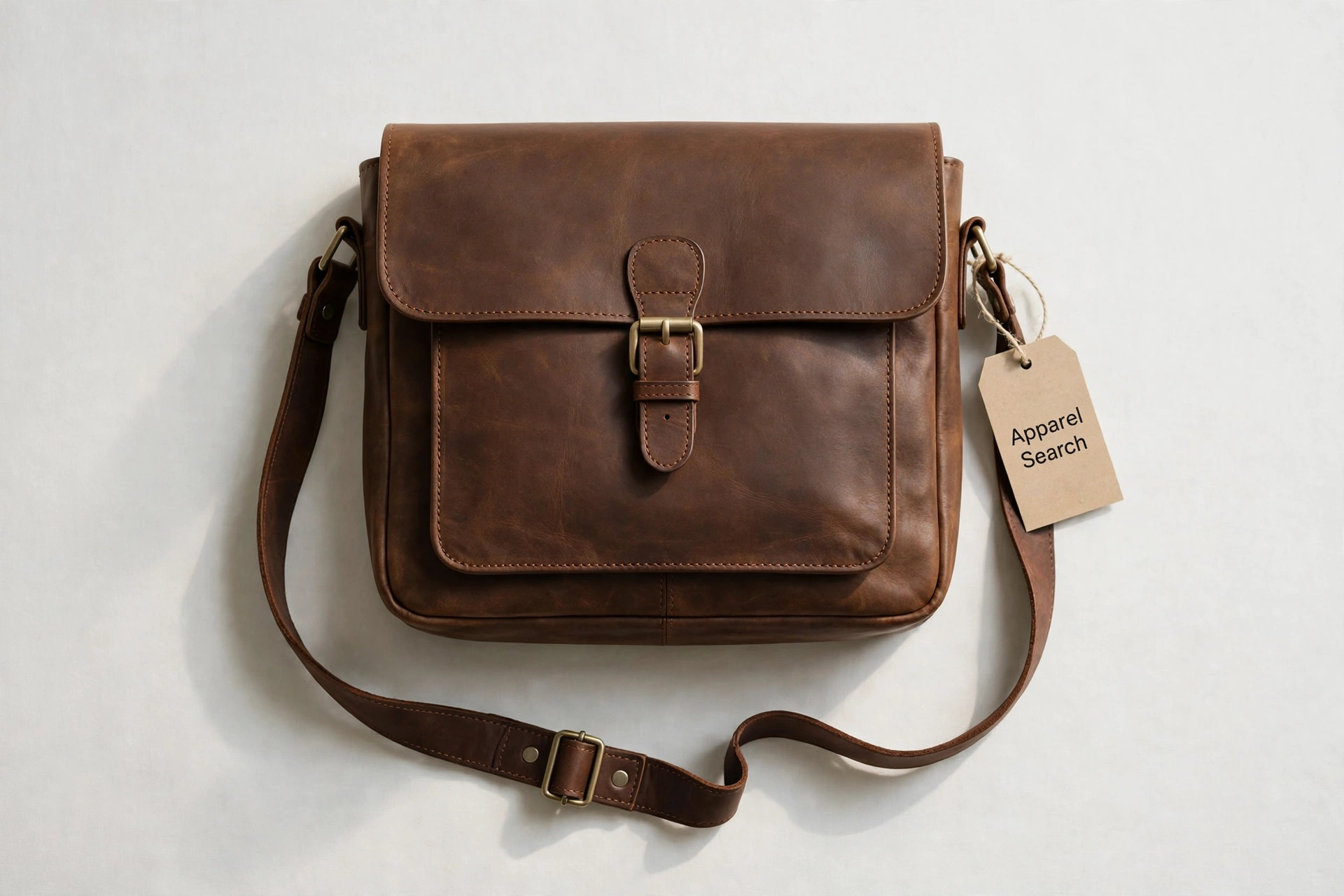 Men's messenger bag in brown leather with a flap closure and adjustable crossbody strap, product photography with no people