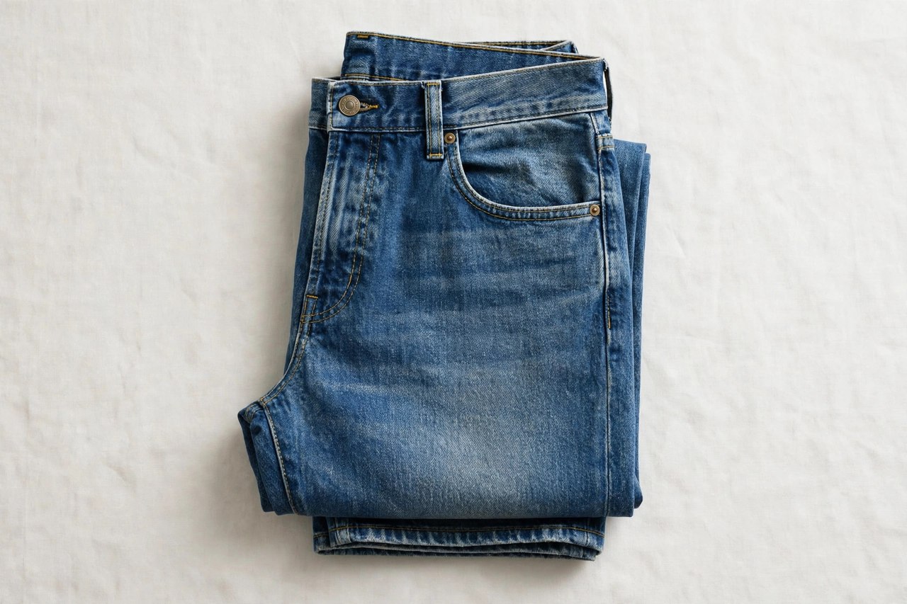 Men's mid-rise jeans in a classic blue wash folded to show the waistband and five-pocket front, product photography with no people