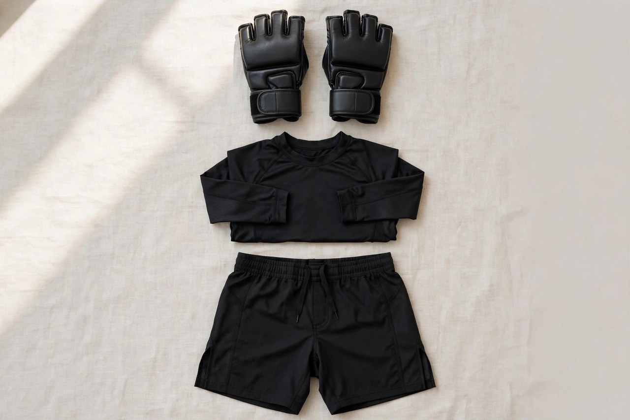 A flat lay of men's MMA apparel: fight shorts, a rash guard and training gloves arranged neatly, product photography with no people