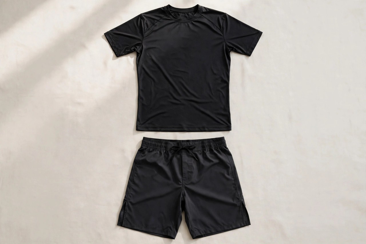 A flat lay of men's MMA clothing: board-style fight shorts and a fitted training shirt, product photography with no people