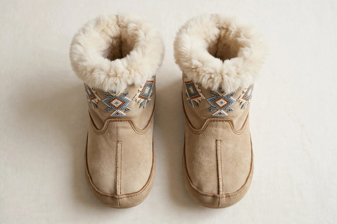 A flat lay of a pair of men's mukluk boots in soft leather with fur trim and beaded detail, product photography with no people