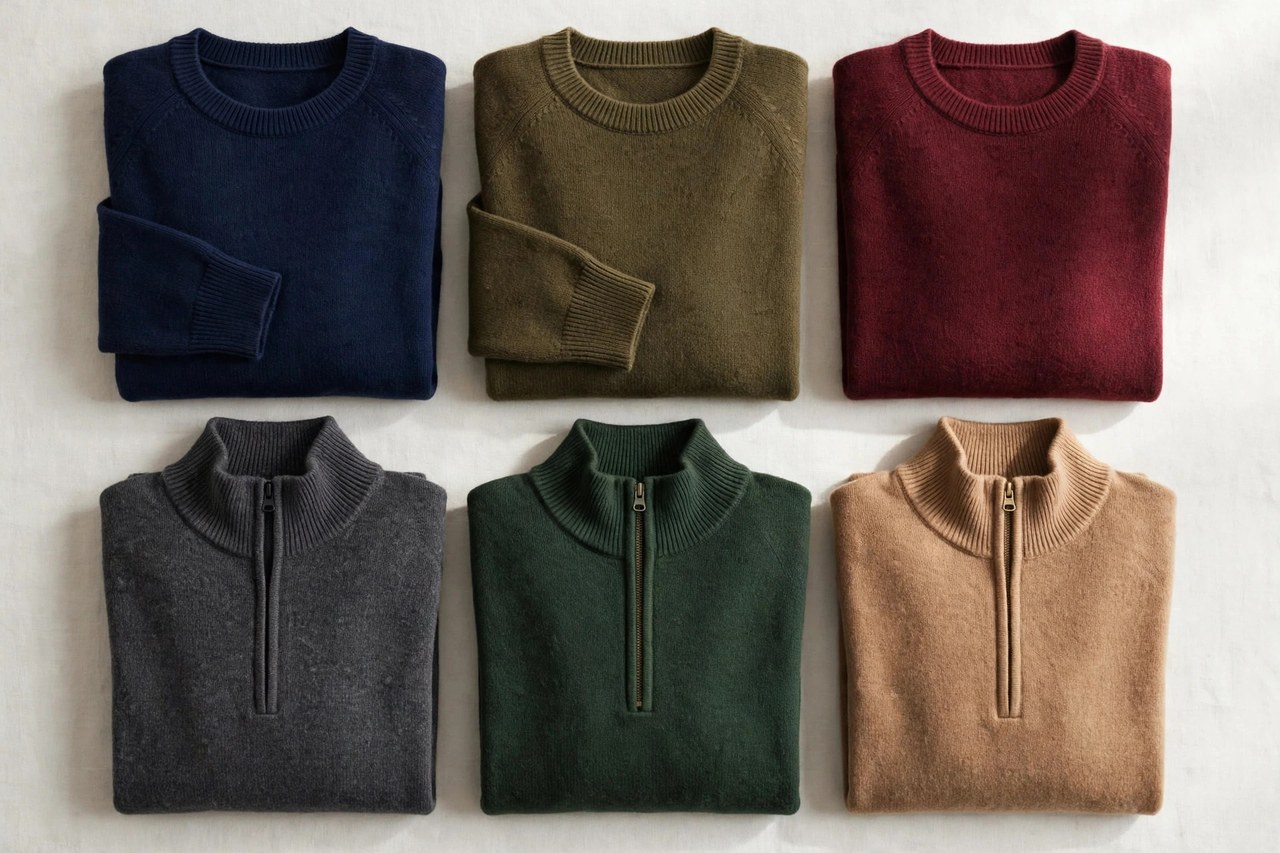 A flat lay of men's merino wool sweaters in crew neck and zip styles, rich solid colors, neatly folded, product photography with no people