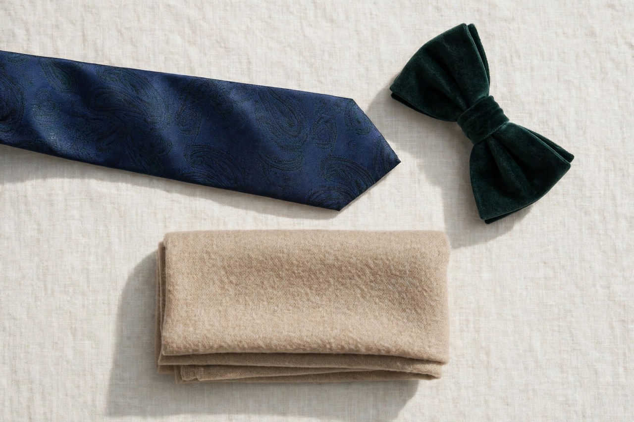 A flat lay of men's neckwear: a silk necktie, a bow tie and a folded scarf arranged neatly, product photography with no people