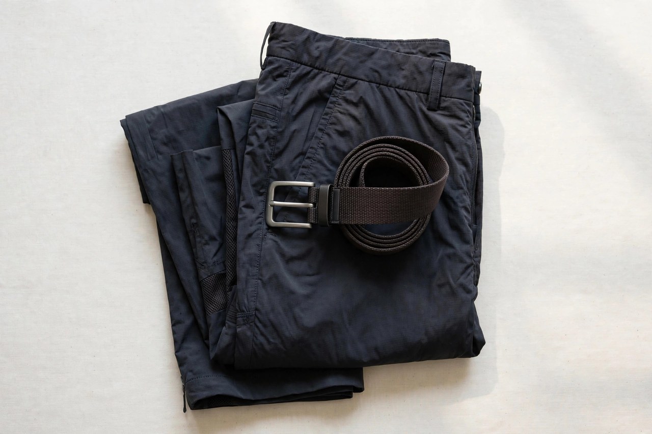A flat lay of men's nylon pants: lightweight dark travel trousers neatly folded with a belt, product photography with no people