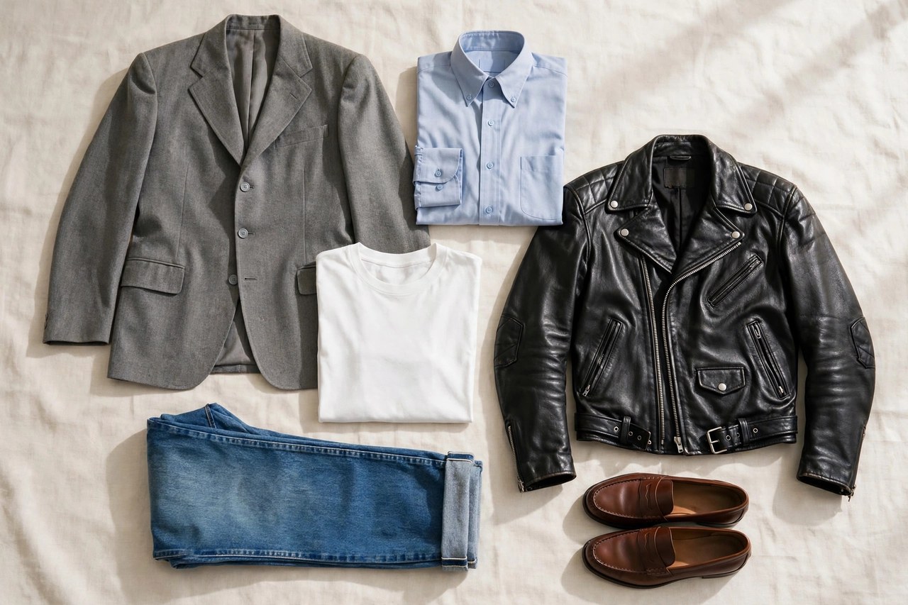 Men's 1950s fashion garments laid flat: a grey single-breasted suit jacket, an Oxford button-down shirt, cuffed blue jeans, a white t-shirt, a black leather motorcycle jacket and penny loafers