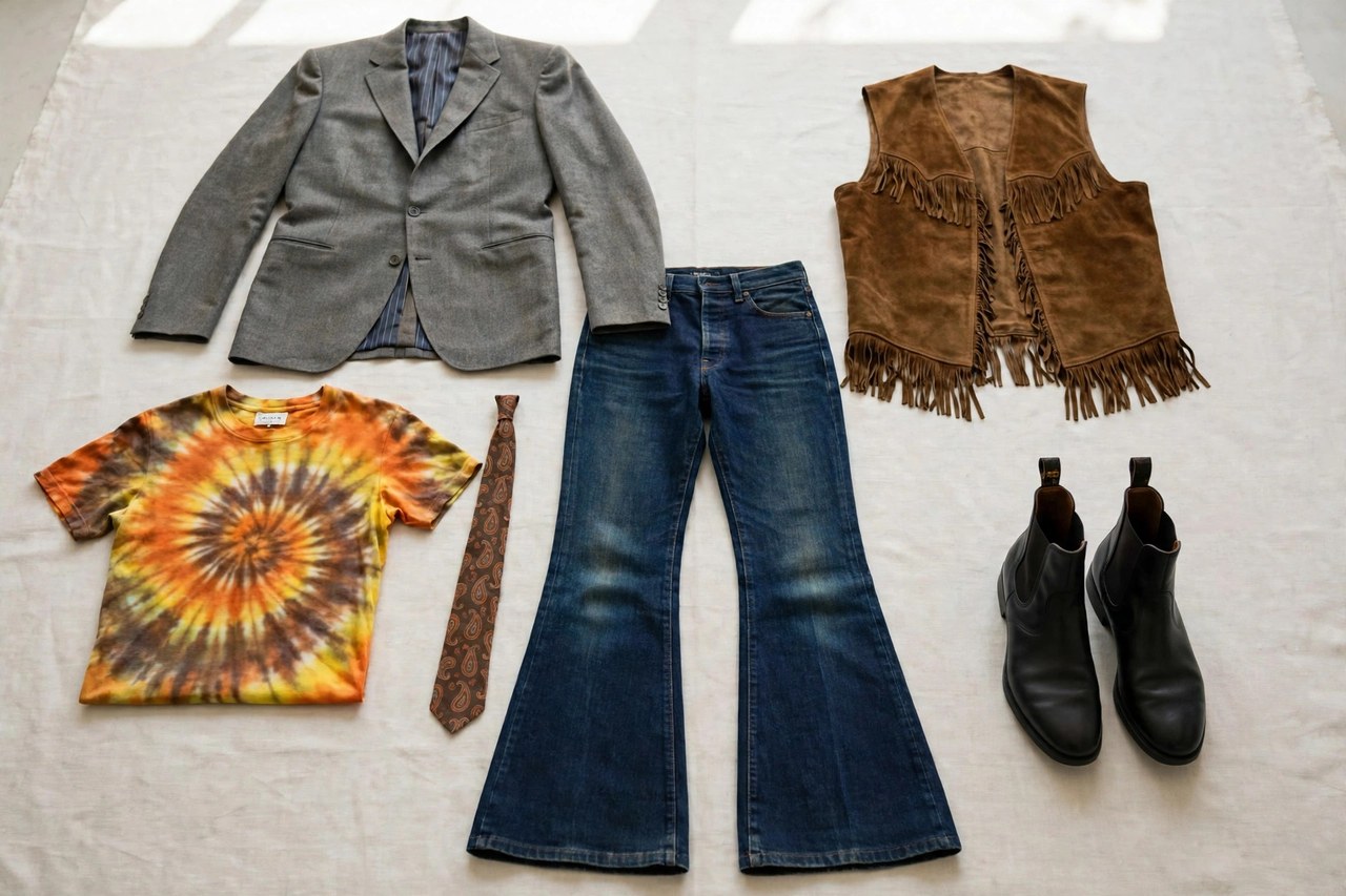 Men's 1960s fashion garments laid flat: a slim tailored suit jacket, a pair of bell-bottom jeans, a tie-dye shirt, Chelsea boots, a narrow necktie and a fringed suede vest