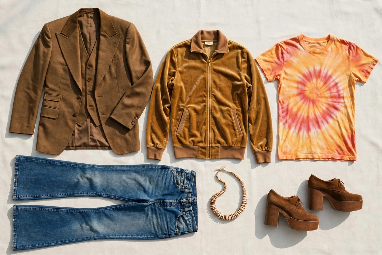 Men's 1970s fashion garments laid flat: flared jeans, a wide-lapel three-piece suit jacket, a velour tracksuit top, a tie-dye t-shirt, platform shoes and a puka shell necklace