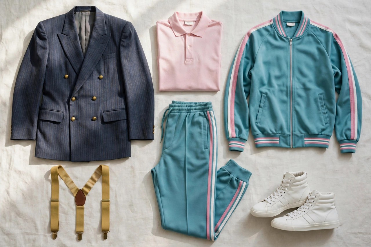 Men's 1980s fashion garments laid flat: a double-breasted power suit jacket with wide shoulders, a pastel polo shirt, a tracksuit, high-top sneakers and a pair of suspenders